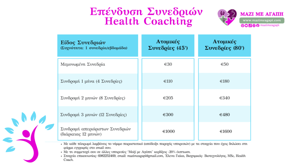 health coaching, μαζί με αγάπη, Έλενα Γκίκα, υγεία, φροντίδα, ευεξία, άγχος, διαχείριση άγχους, λοχεία, εγκυμοσύνη, βρεφική ηλικία, παιδική ηλικία, διατροφή, υγιεινές συνήθειες, χρόνιες παθήσεις, διαβήτης, διαβήτης κύησης, κάπνισμα, διακοπή καπνίσματος, στρες, ύπνος, καλύτερος ύπνος, υπογονιμότητα, περιγεννητική απώλεια, ψυχική υγεία, αυτοπεποίθηση, άσκηση